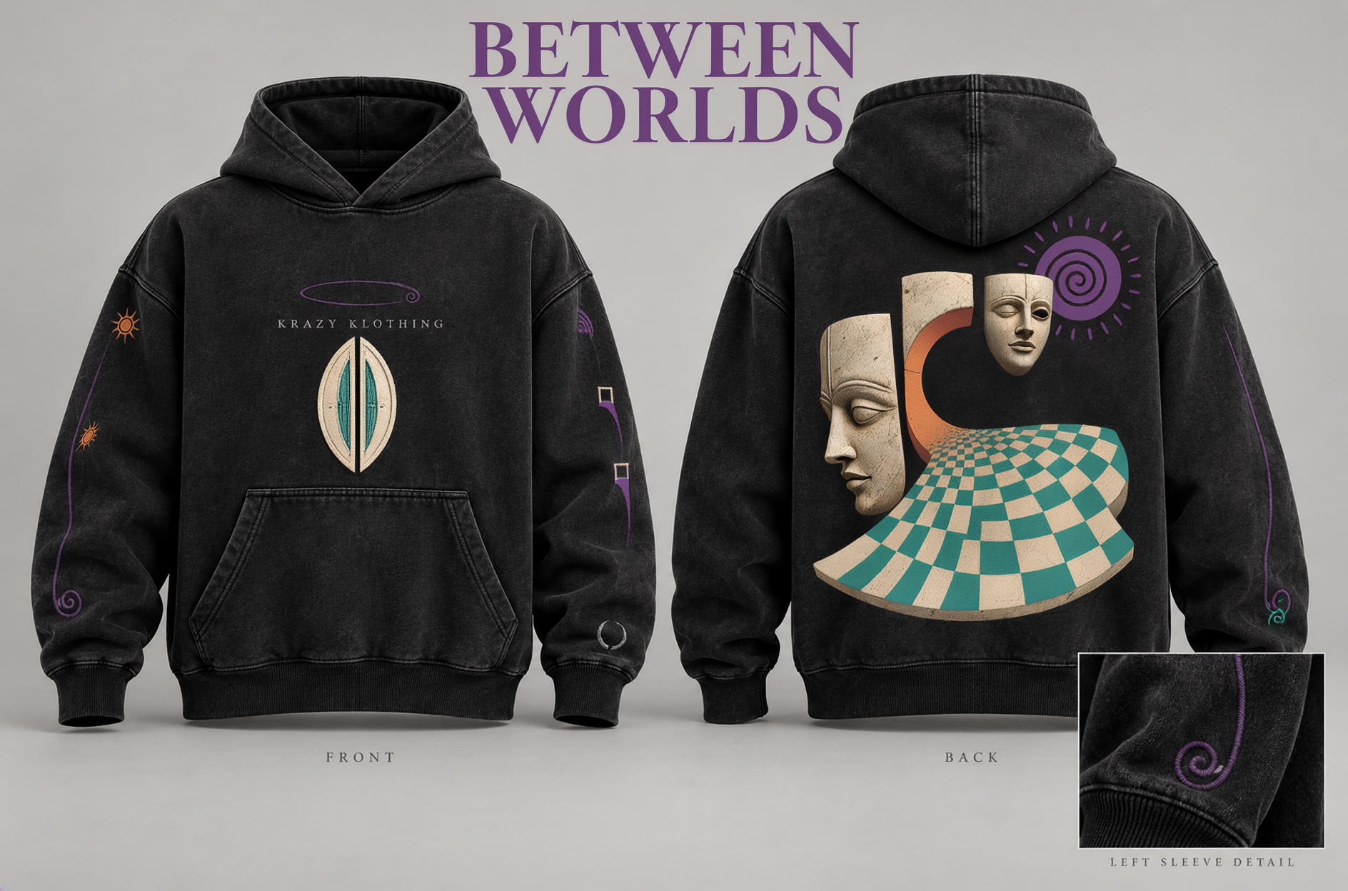 Between Worlds hoodie, front and back, featuring surreal stone faces, a teal checkerboard path and purple spirals