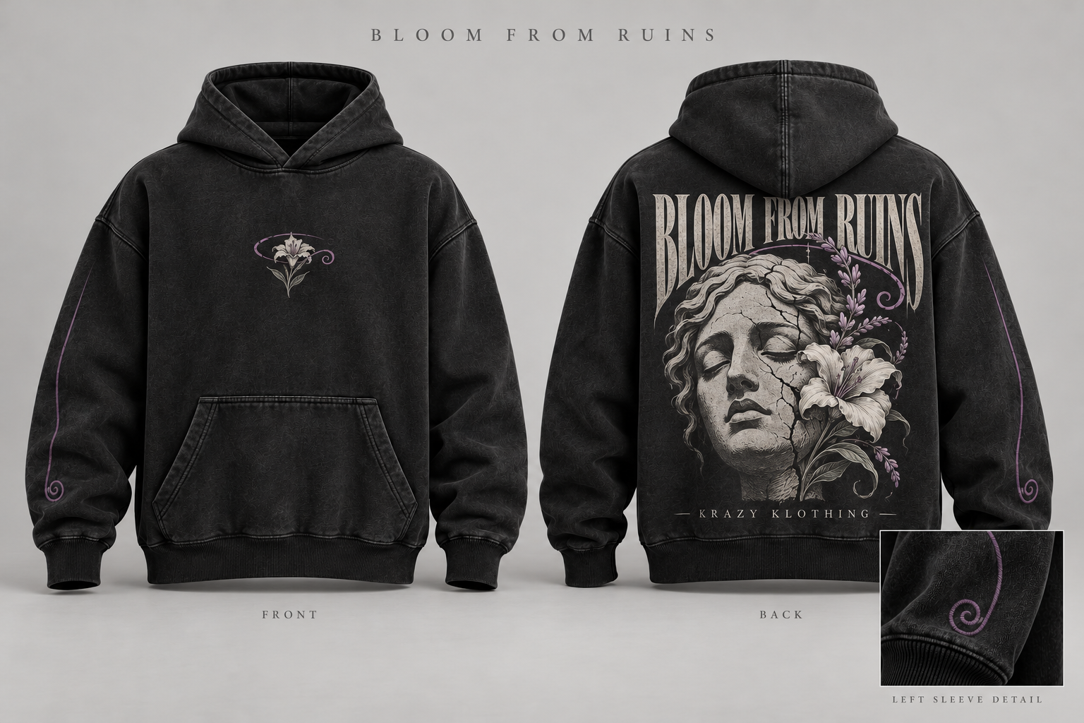 Bloom From Ruins charcoal hoodie with a cracked stone face, ivory lilies and purple botanical details