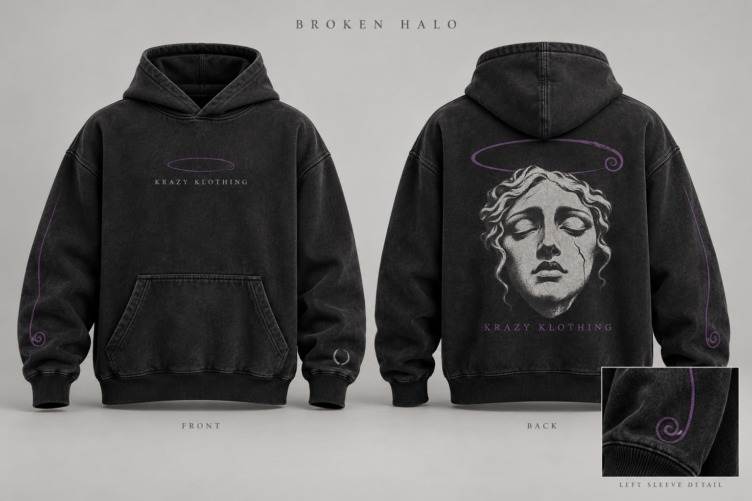 Broken Halo charcoal hoodie with a fractured sculptural face under a purple halo and matching sleeve spirals